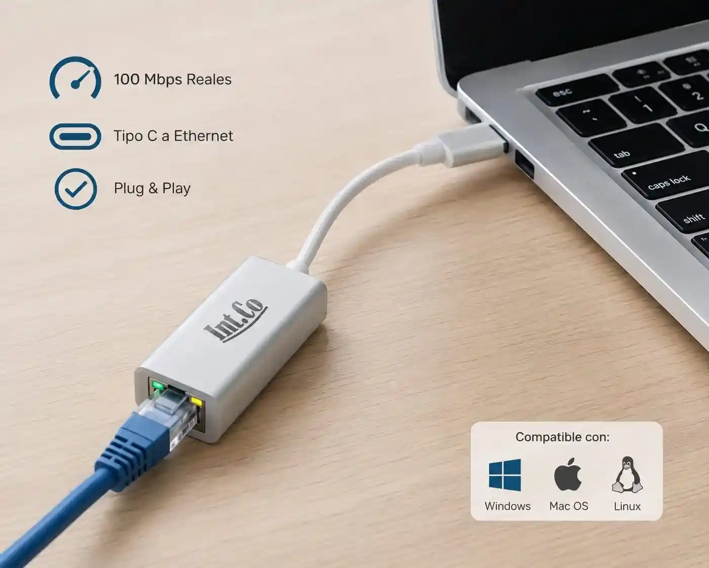 daptador Placa De Red USB Tipo C A Ethernet RJ45 100 Mbps | KL002